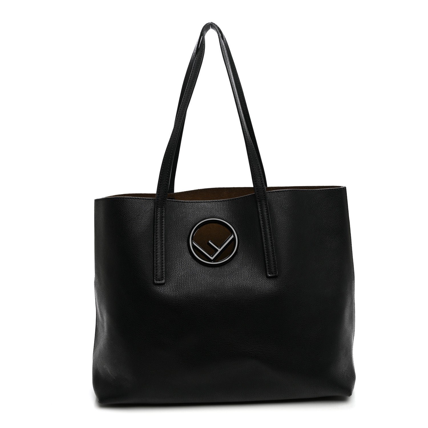 Fendi Vitello Vienna Enamel F is Fendi Shopping Tote Black Taupe