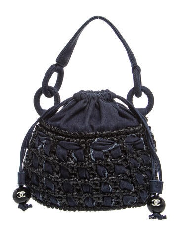 Vintage CC Woven Denim and Raffia Drawstring Bucket Bag