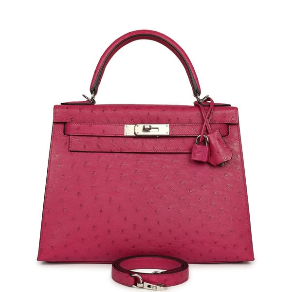 Pre-owned Hermes Kelly Sellier 28 Rose Poupre Ostrich Palladium Hardware