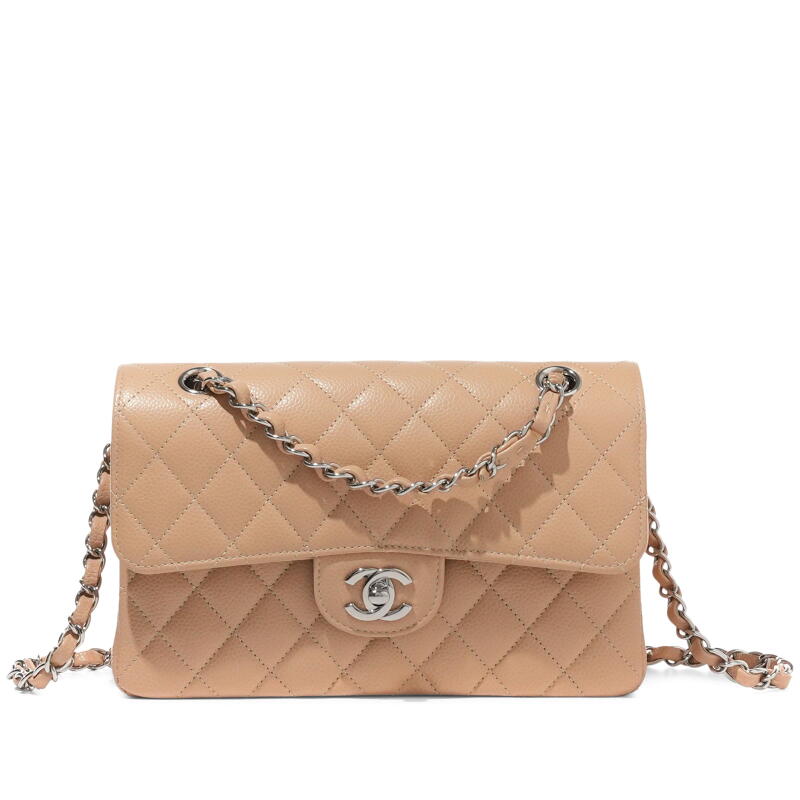 Beige Quilted Caviar Small Timeless Double Flap Silver Hardware