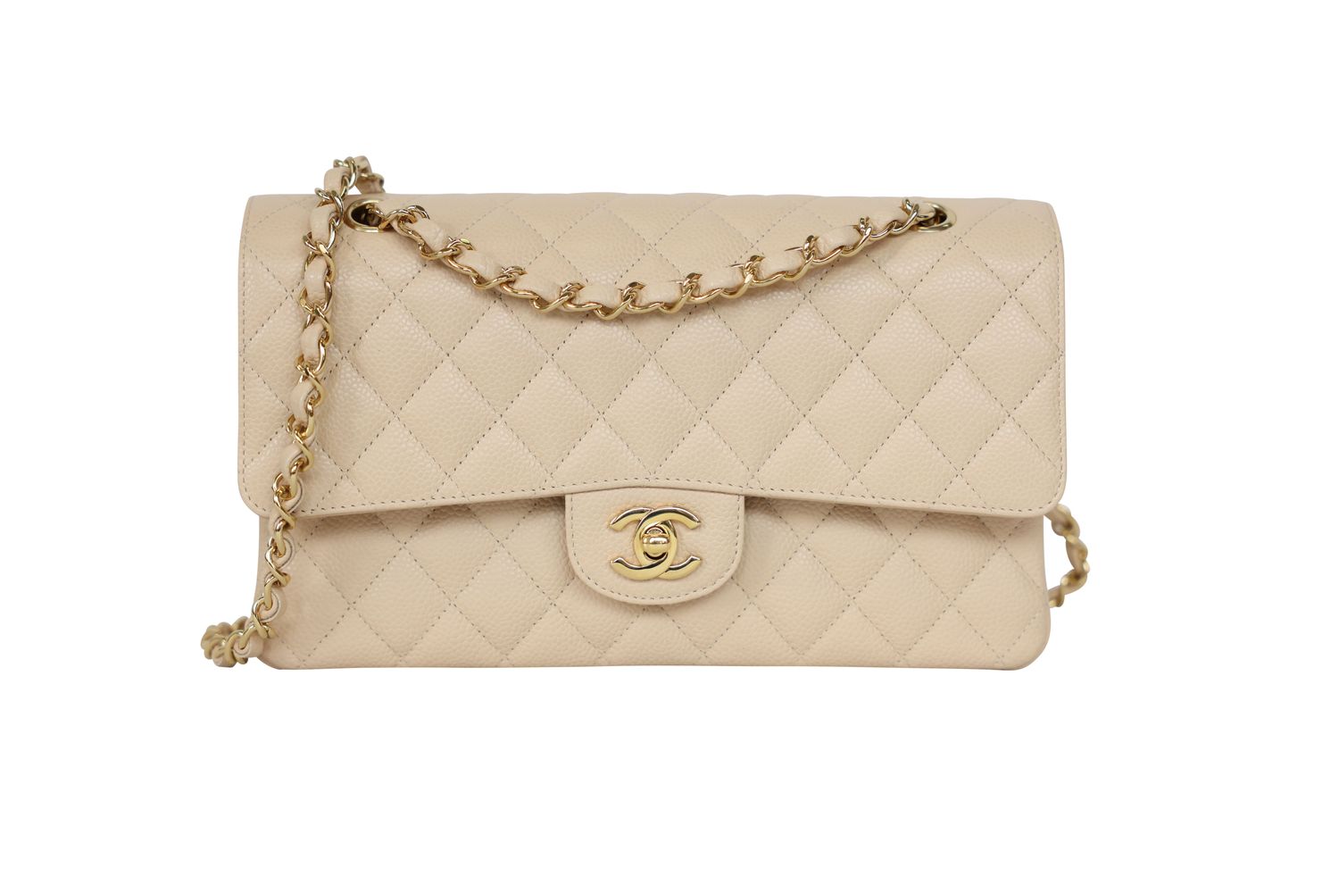 Chanel Classic Medium Handbag, Beige Clair Quilted Caviar and Gold Hardware, Preowned in Box WA001
