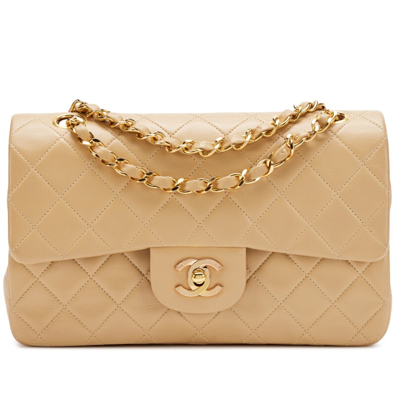 Vintage Beige Quilted Lambskin Small Classic Double Flap Bag Gold Hardware, 1989-1991