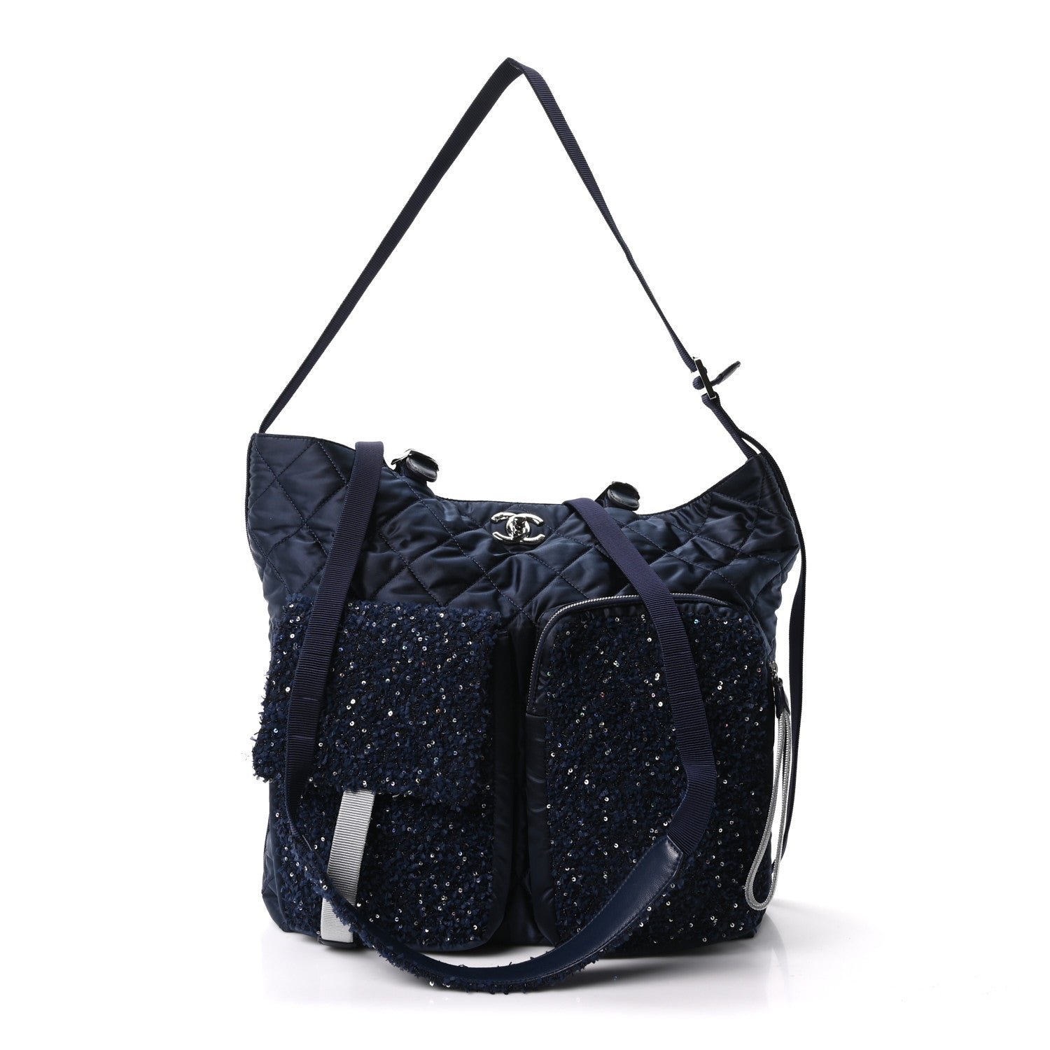 Chanel Tweed Sequin Nylon Quilted Astronaut Large Tote Navy