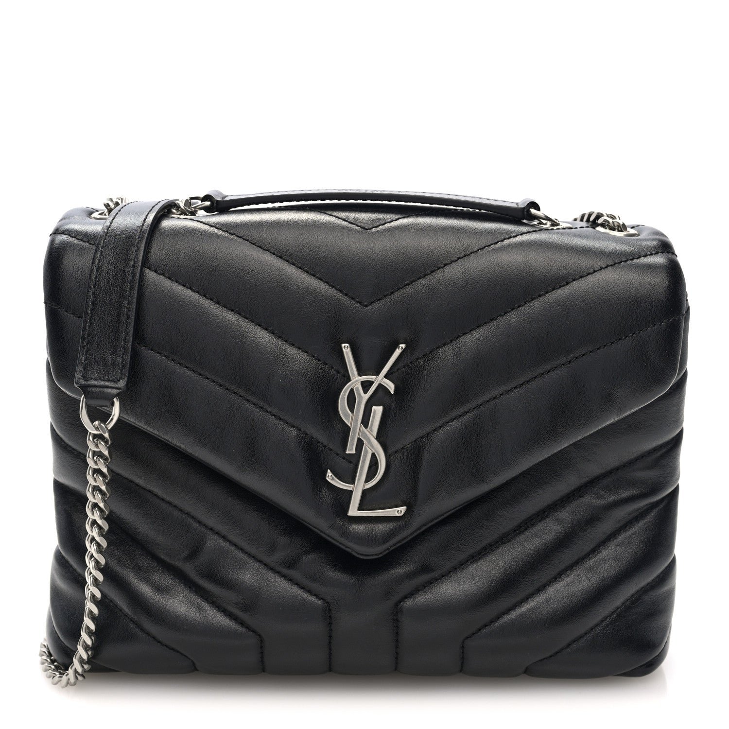 Saint Laurent Calfskin Y Quilted Monogram Small Loulou Chain Satchel Black