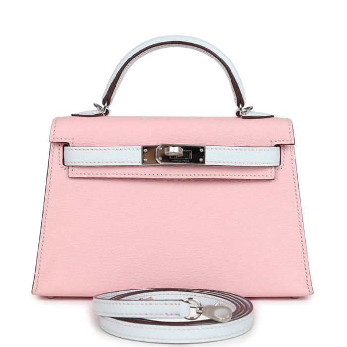 Hermes Hermes Special Order (HSS) Kelly Sellier 20 Rose Sakura and Bleu Brume Chevre Palladium Hardware