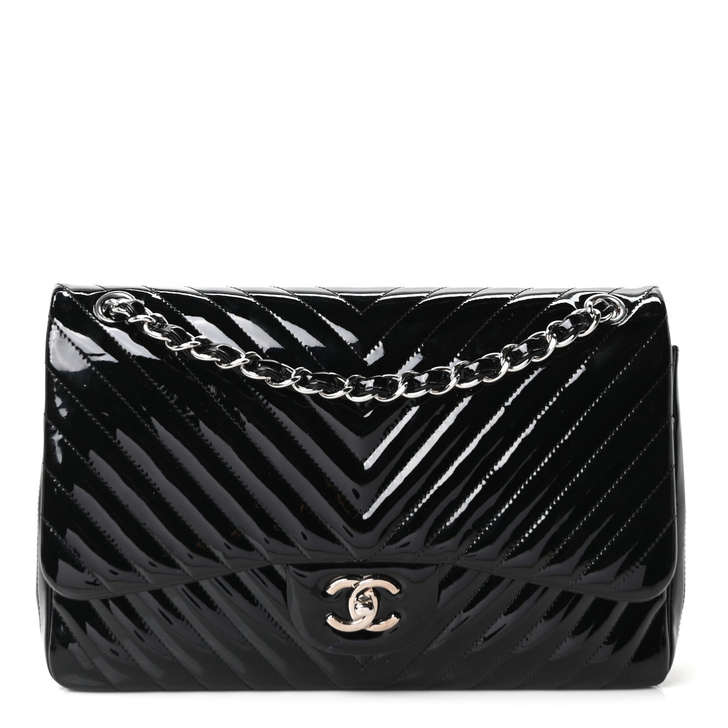 Chanel Patent Chevron Quilted Jumbo Double Flap Black