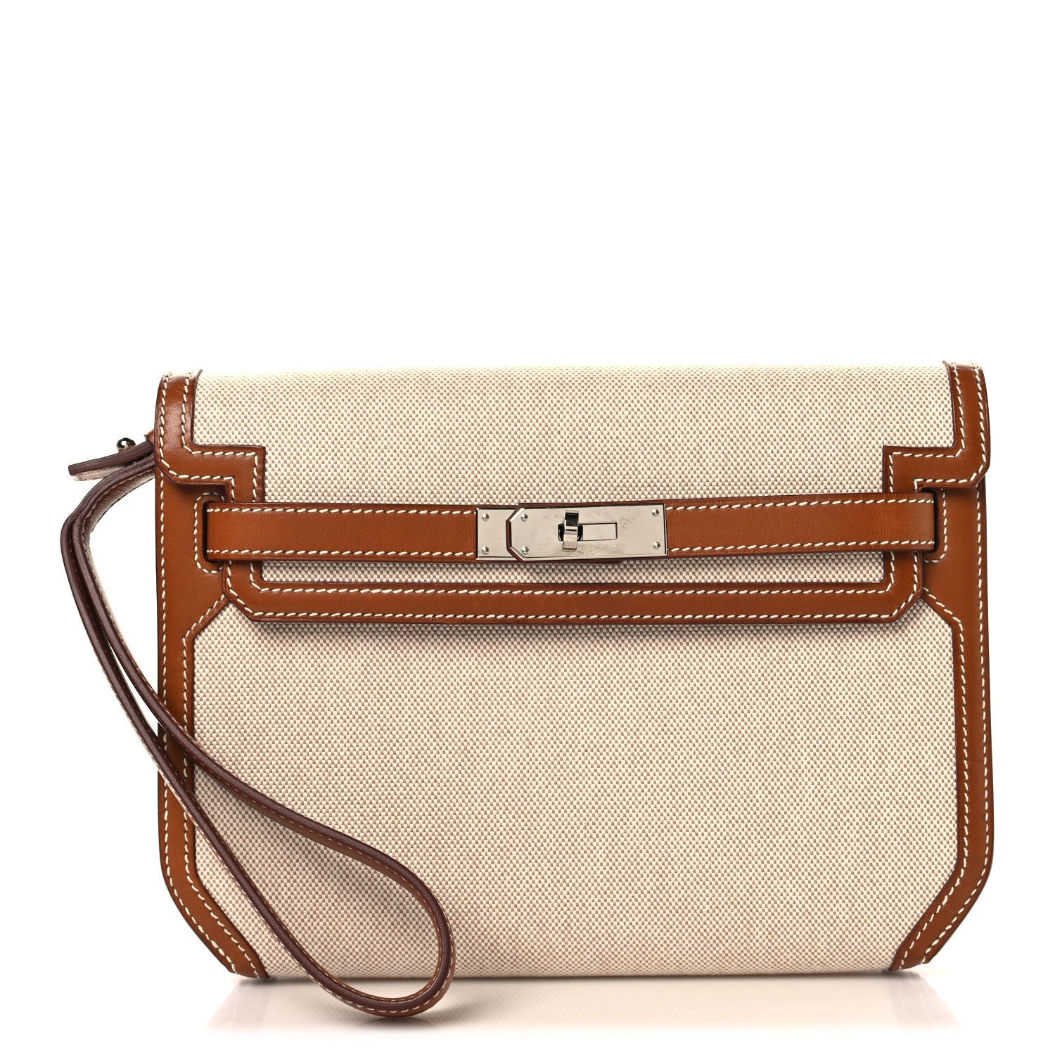 Hermes Hermes Toile H Barenia Kelly Depeches 25 Pouch Ecru Beige Fauve