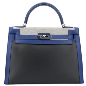 Hermes HERMÈS Limited Edition Kelly 32 Sellier handbag in Black and Blue Sapphire Swift leather and Toile Berline with Palladium hardware