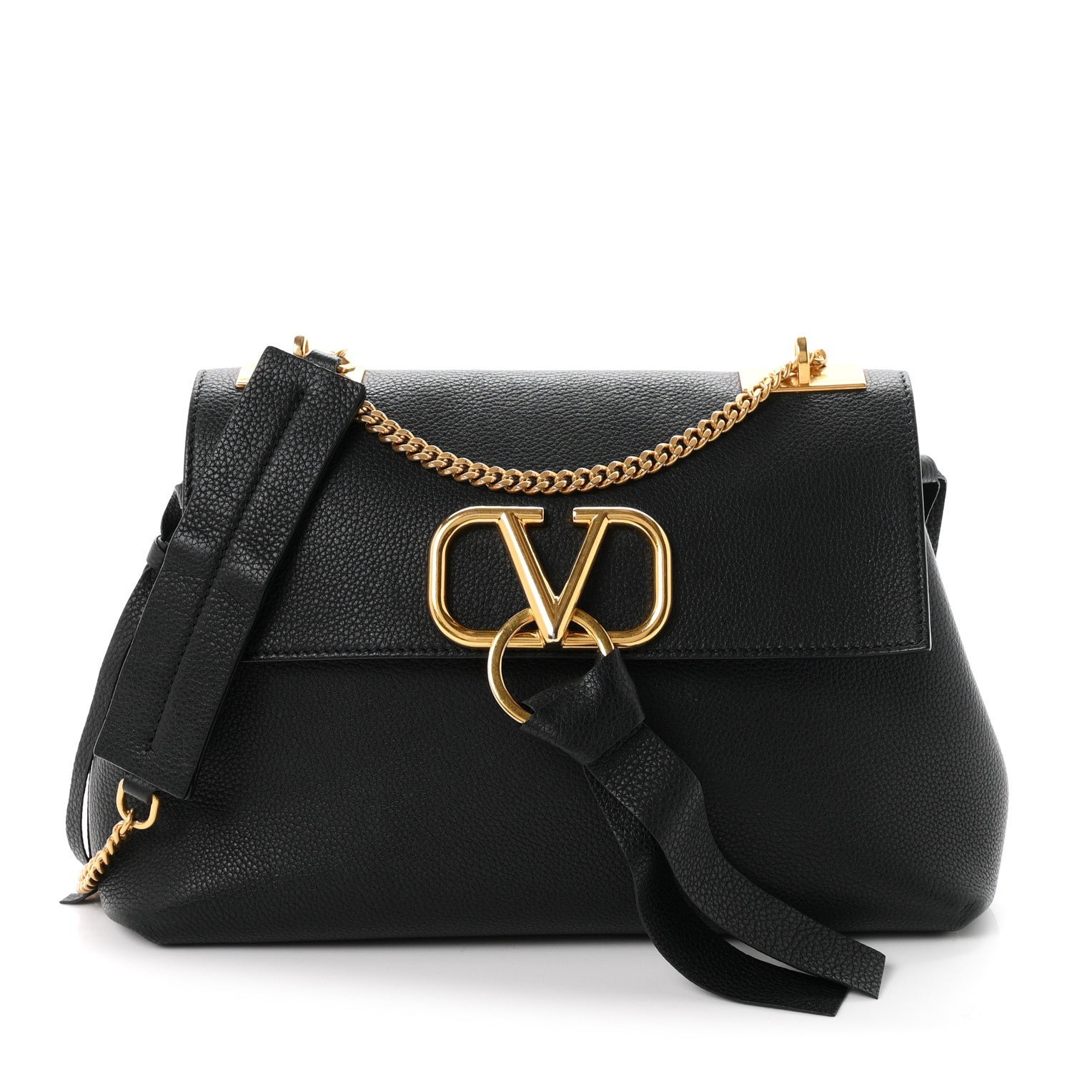 Valentino Garavani Pebbled Calfskin Small VRing Chain Shoulder Bag Black