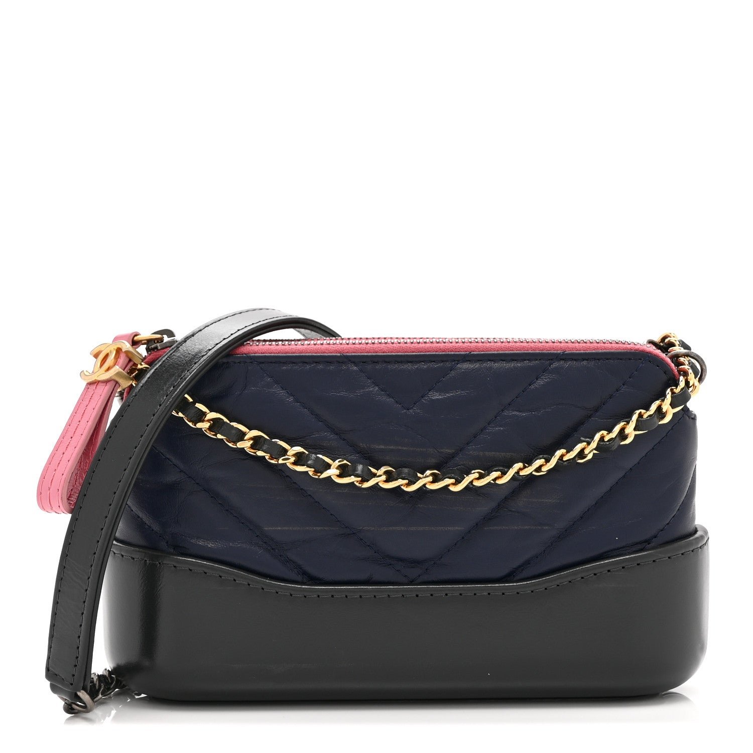 Chanel Aged Calfskin Chevron Quilted Small Gabrielle Clutch With Chain  Navy Black Pink