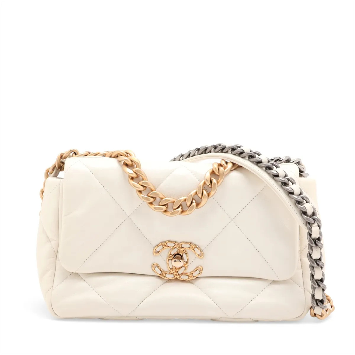 Chanel CHANEL 19 Lambskin Chain Shoulder Bag Beige Gold x Silver Metal Fittings