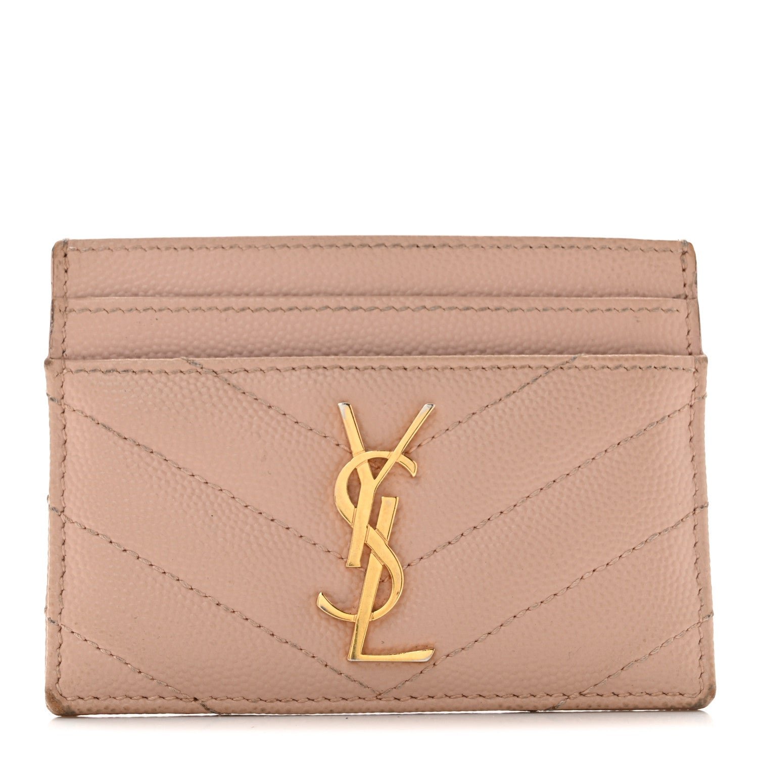 Saint Laurent Grain De Poudre Matelasse Chevron Monogram Credit Card Case Pale Pink