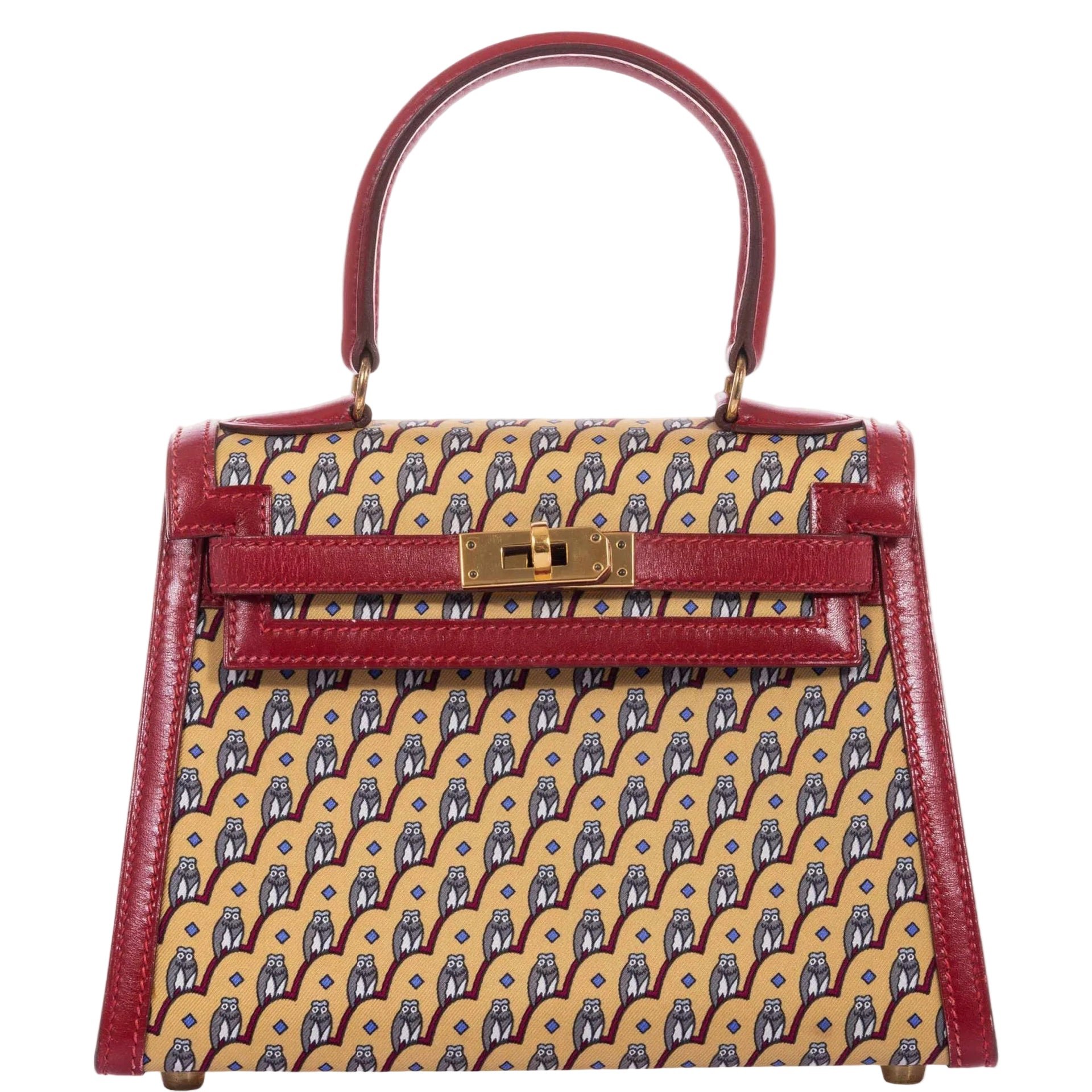 Hermes Hermès Vintage Kelly 20 Sellier Owl Print Jaune Silk & Rouge Vif Box Calf Gold Hardware