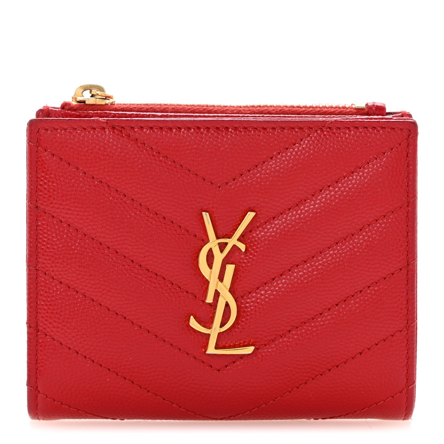 Saint Laurent Grain De Poudre Matelasse Chevron Monogram Zipped Card Case Bandana Red