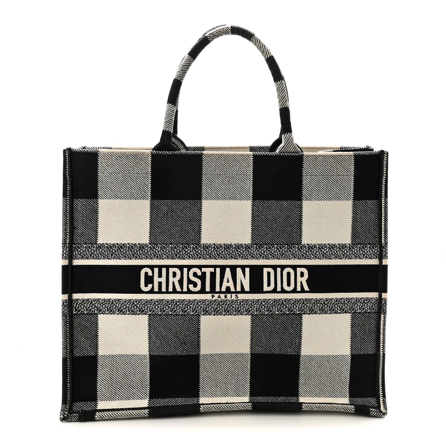 Christian Dior Canvas Embroidered Large Checkered Book Tote Black White