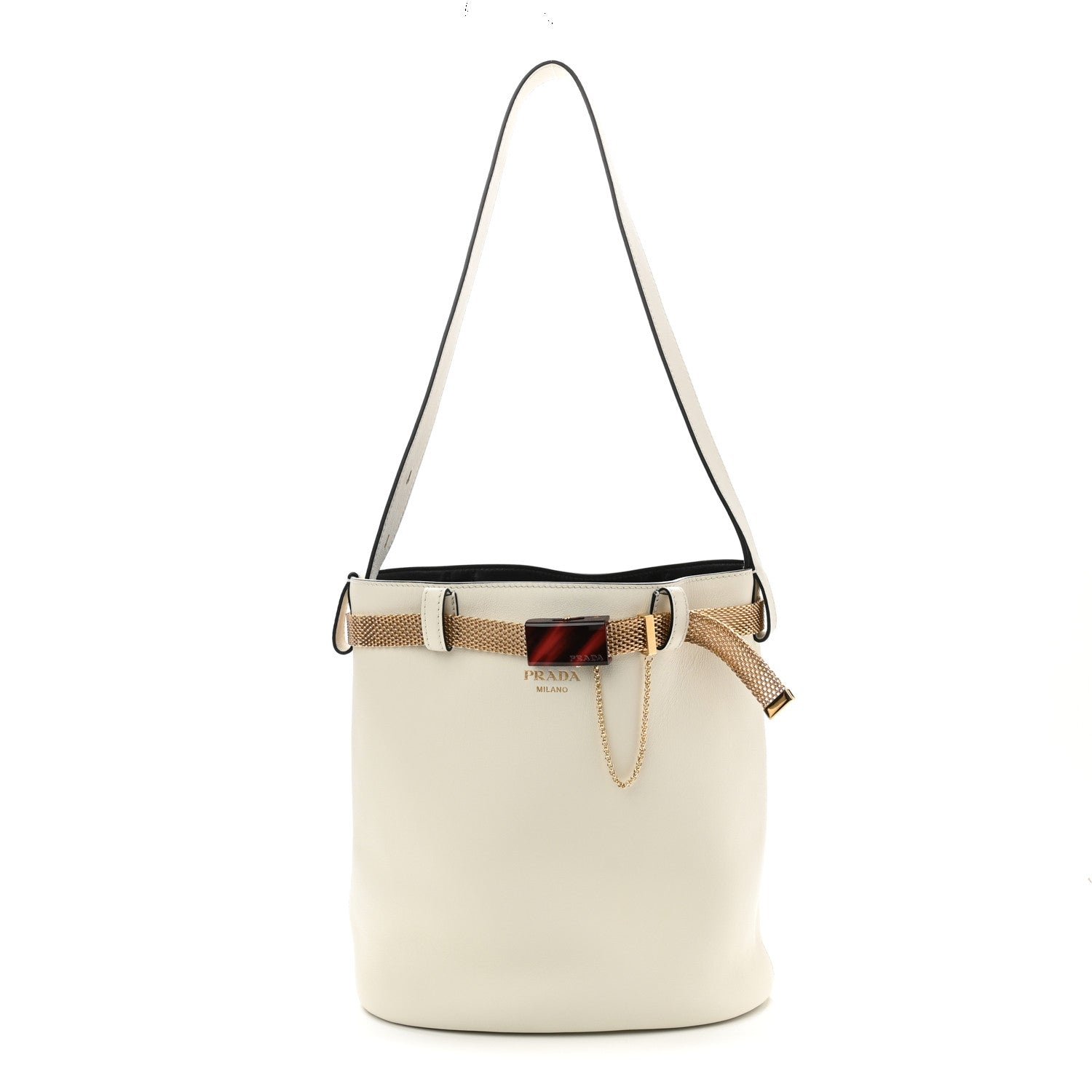 Prada Calfskin Buckle Bag With Jeweled Belt White Black