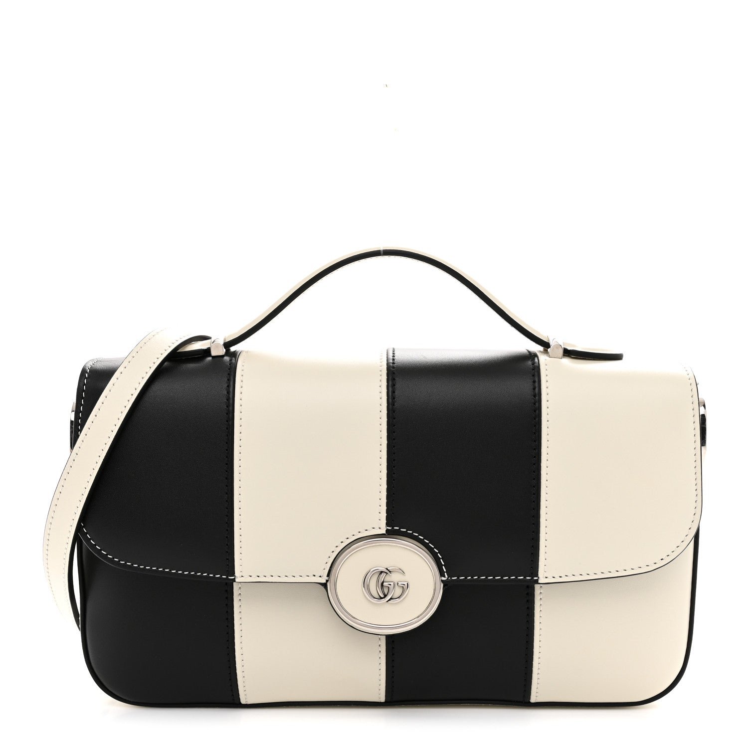 Gucci Senna Calfskin Lines Petite GG Top Handle Shoulder Bag Black Mystic White
