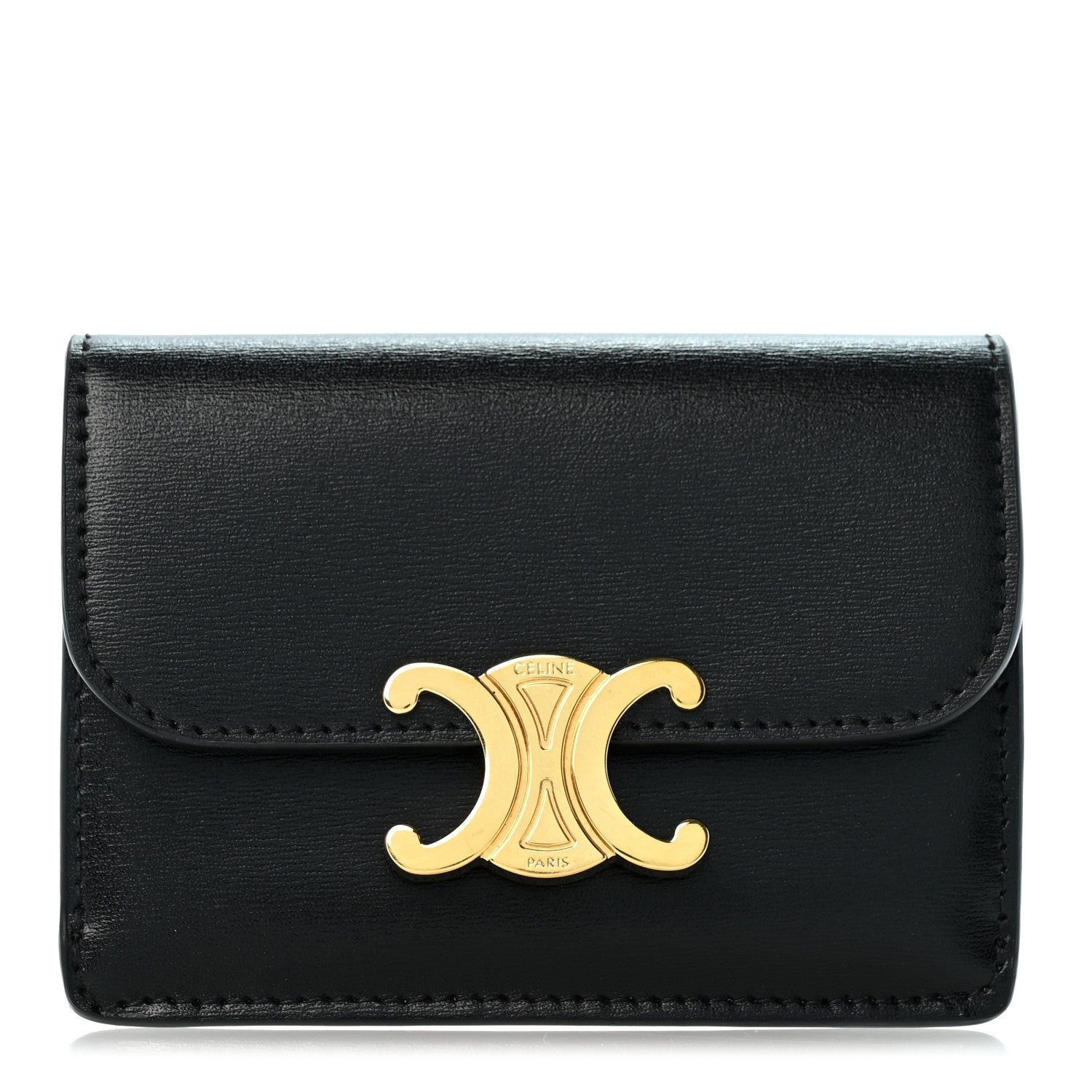 Shiny Calfskin Triomphe Flap Card Holder Black