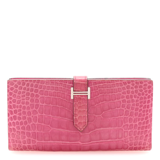 Hermes Shiny Alligator Bearn Wallet Rose Scheherazade