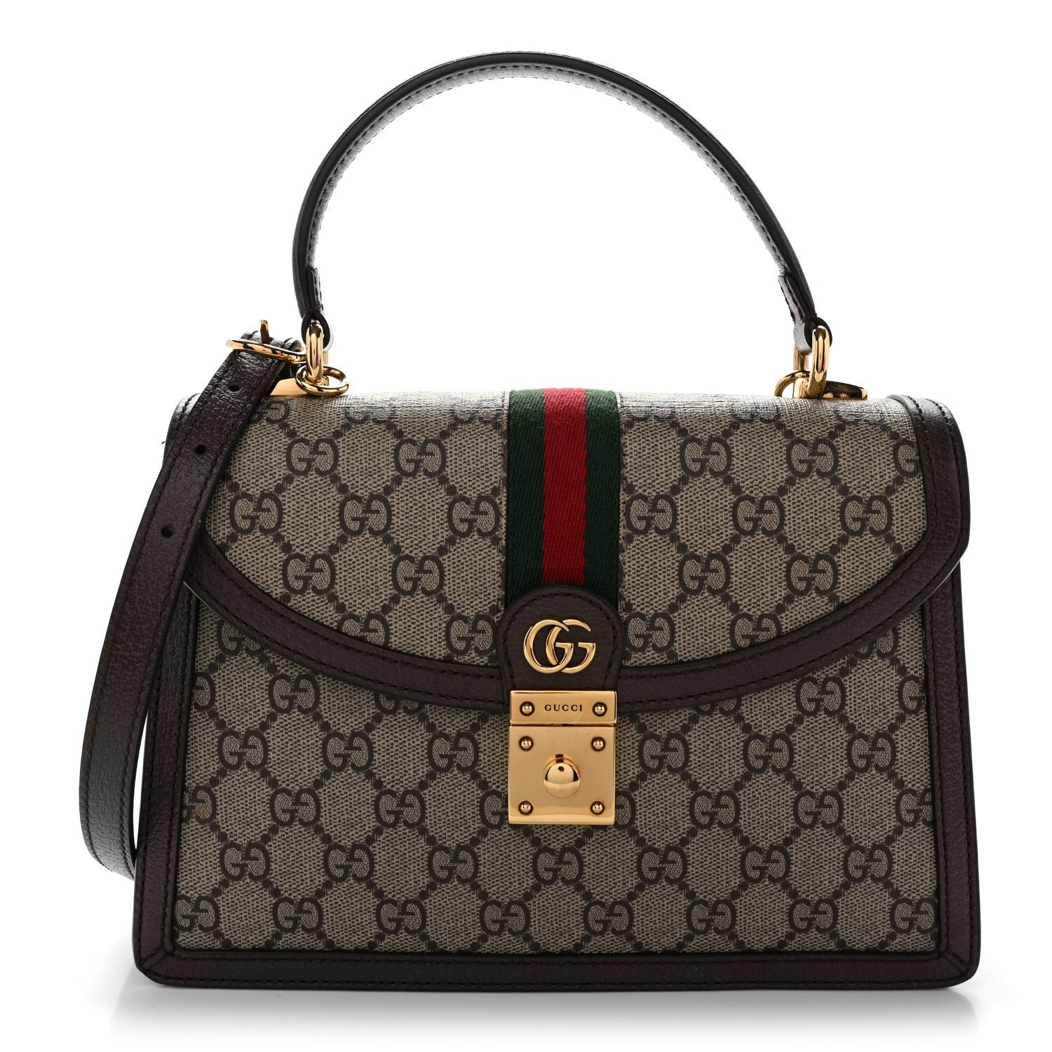 Gucci GG Supreme Monogram Textured Dollar Calfskin Web Small Ophidia Padlock Top Handle Bag Beige Ebony New Acero