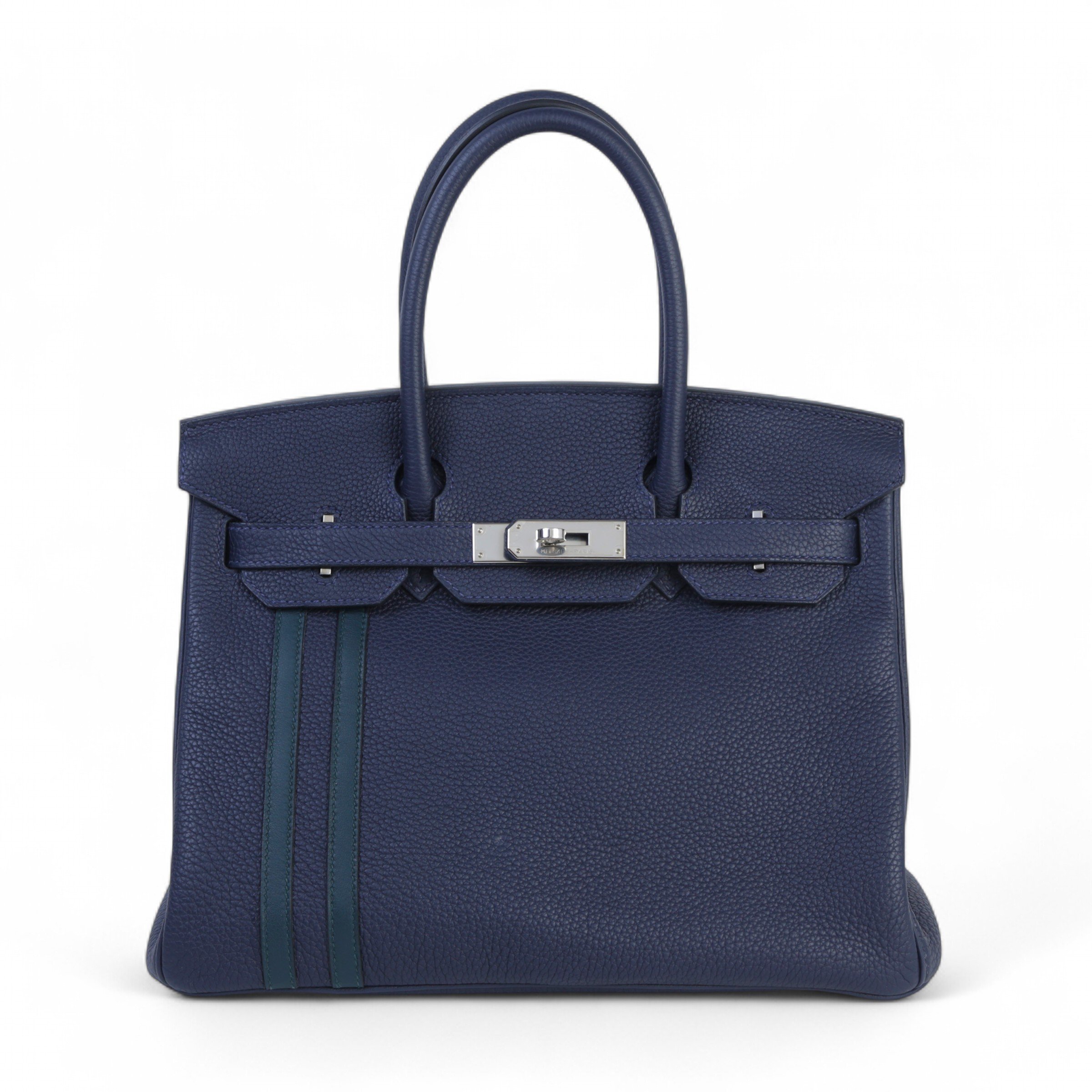 Hermes Very Good ( Rank A) HERMÈS Birkin 30 Officer Bleu Nuit (2Z) Vert Cypress (6O) Togo Swift Palladium hardware C (2018)