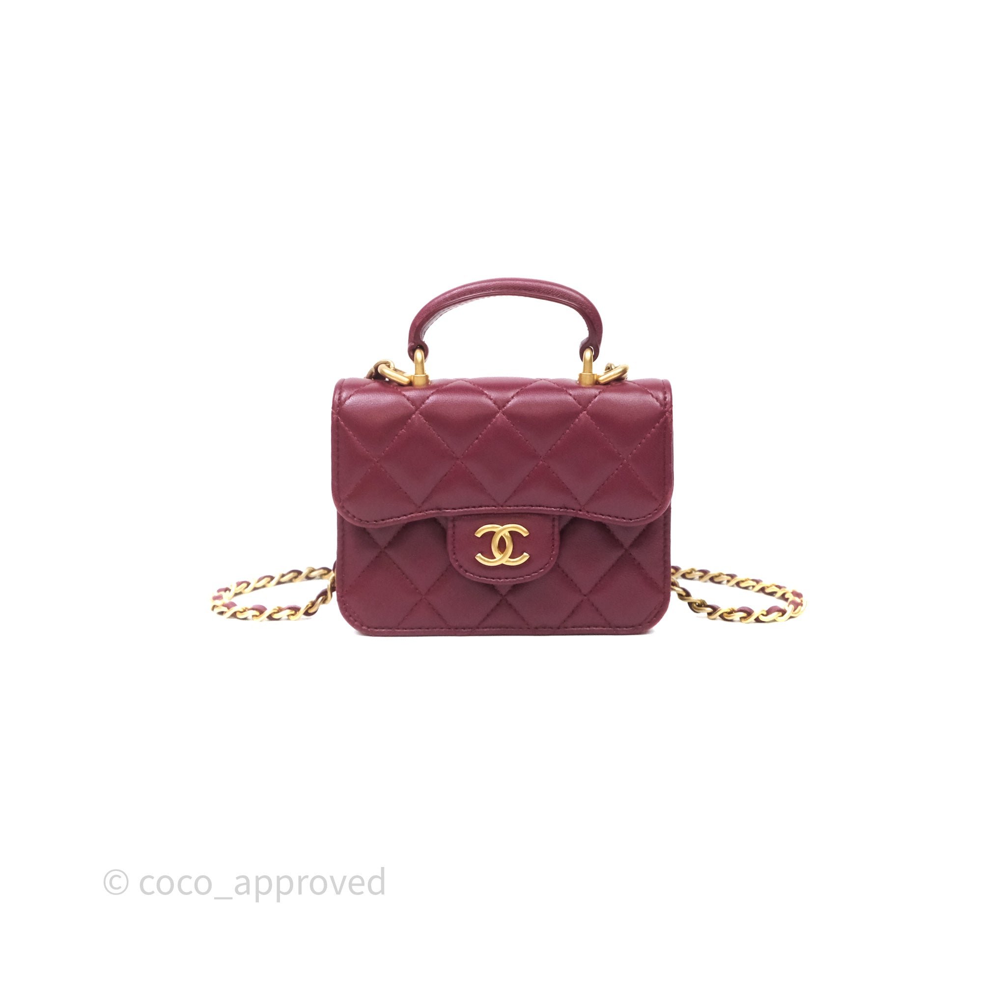 Chanel Mini Handle Flap Coin Purse With Chain Red Lambskin Aged Gold Hardware