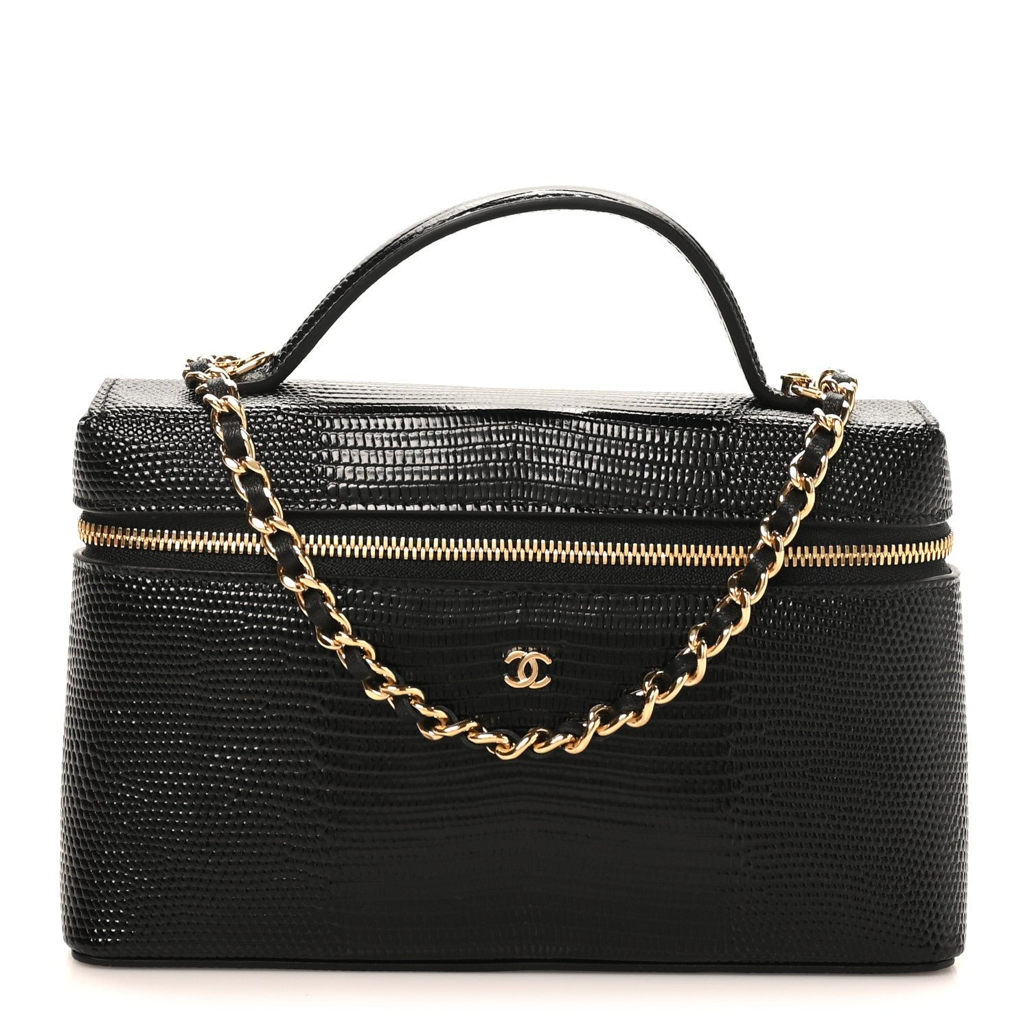 Chanel Lizard Embossed Calfskin Top Handle Slim Vanity With Chain Black