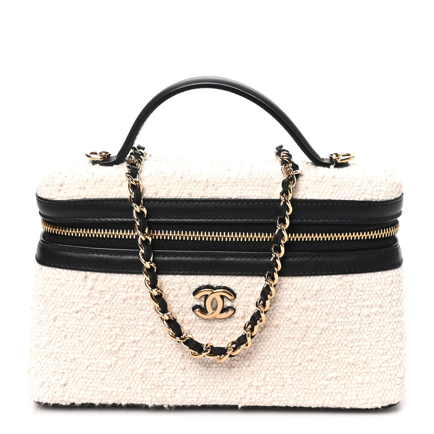 Chanel Boucle Calfskin Top Handle Slim Vanity Case With Chain Ecru Black
