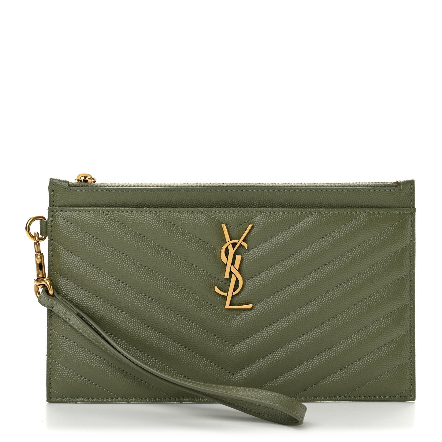 Saint Laurent Grain De Poudre Chevron Monogram Large Bill Pouch Light Sage