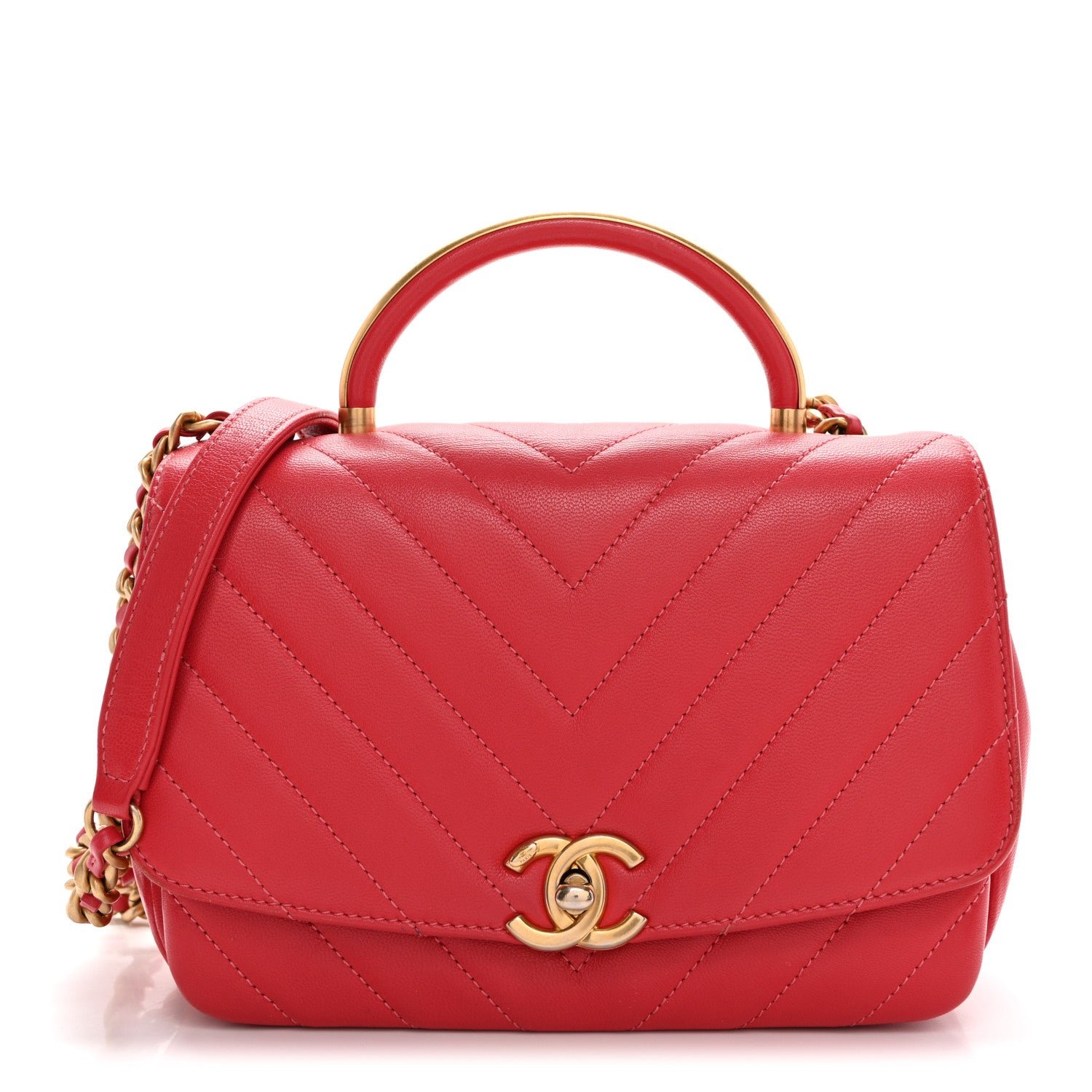 Chanel Lambskin Chevron Quilted Gold Top Handle Flap Bag Red