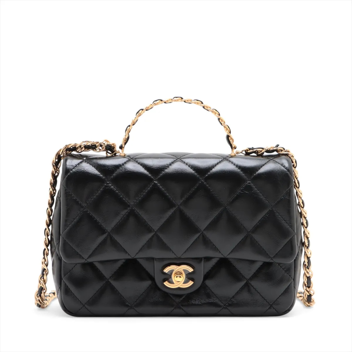 Chanel Matelasse Lambskin 2 Way Handbag Black Gold Metal Fittings random plate