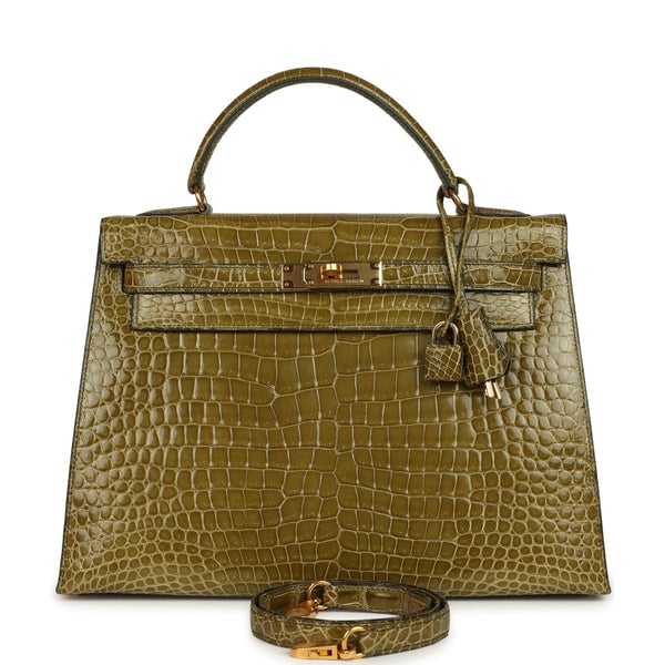 Vintage Hermes Kelly Sellier 32 Vert Anis Shiny Porosus Crocodile Gold Hardware