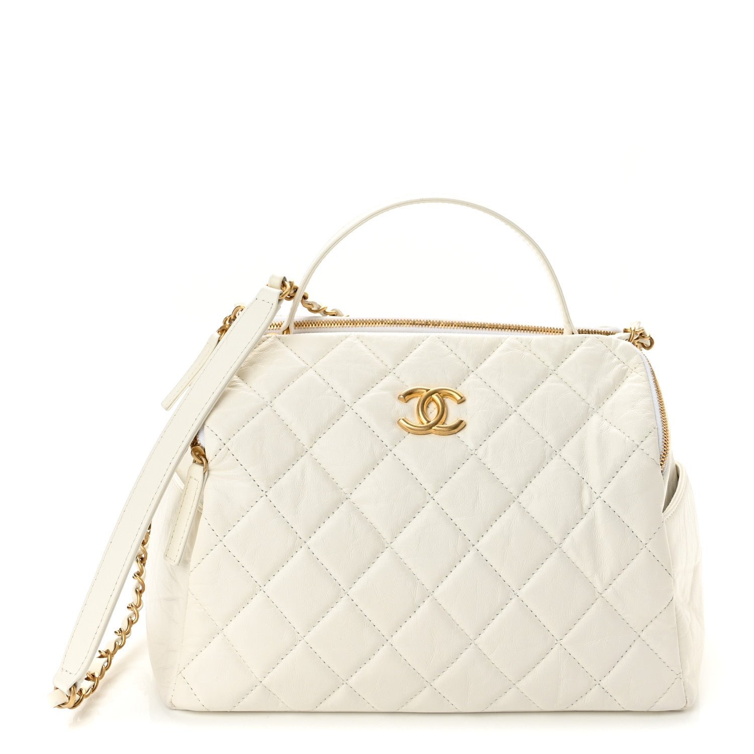 Chanel Aged Calfskin Quilted Double Sided Bowling Bag White
