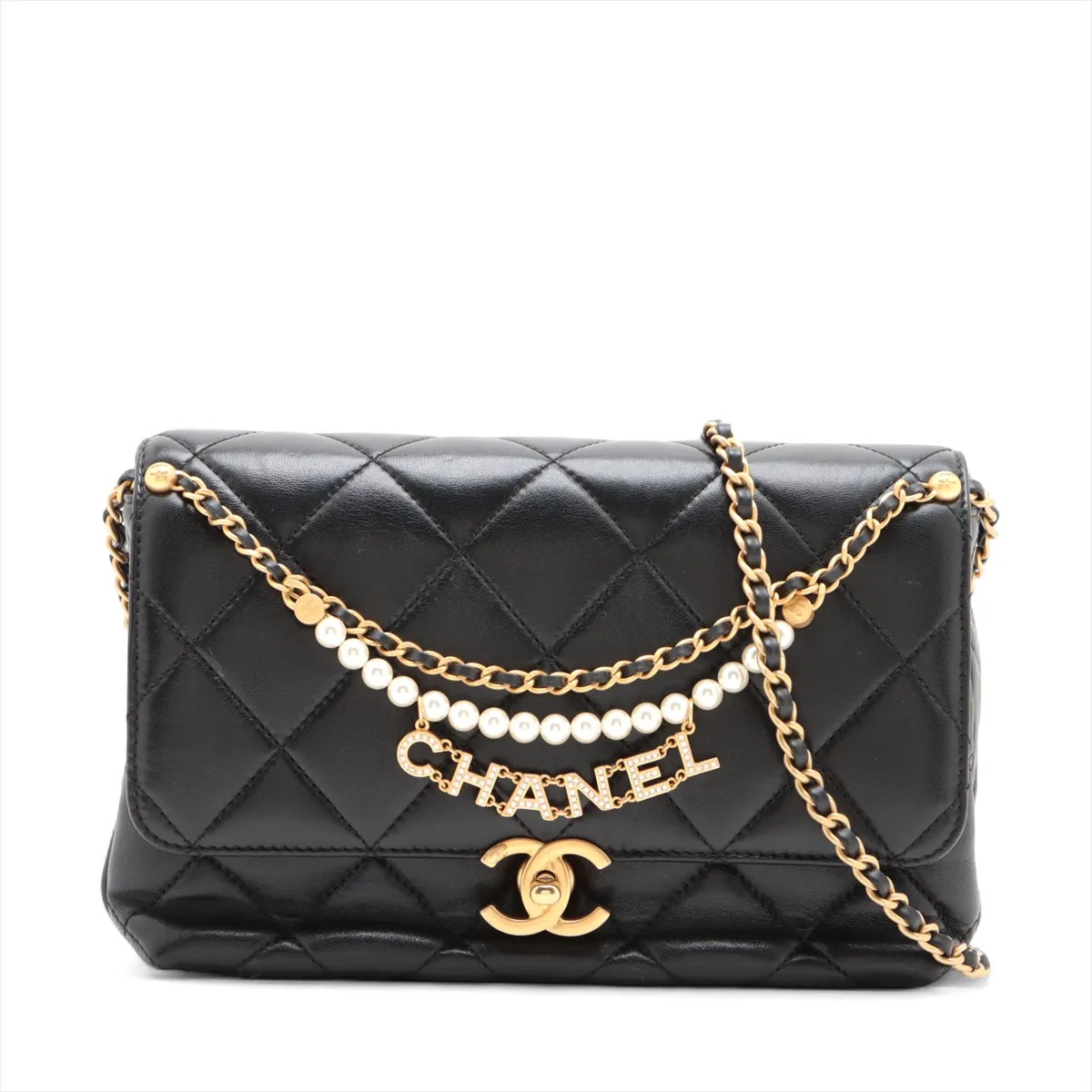 Chanel Matelasse Lambskin Chain Shoulder Bag Pearl Black Gold Metal Fittings ran