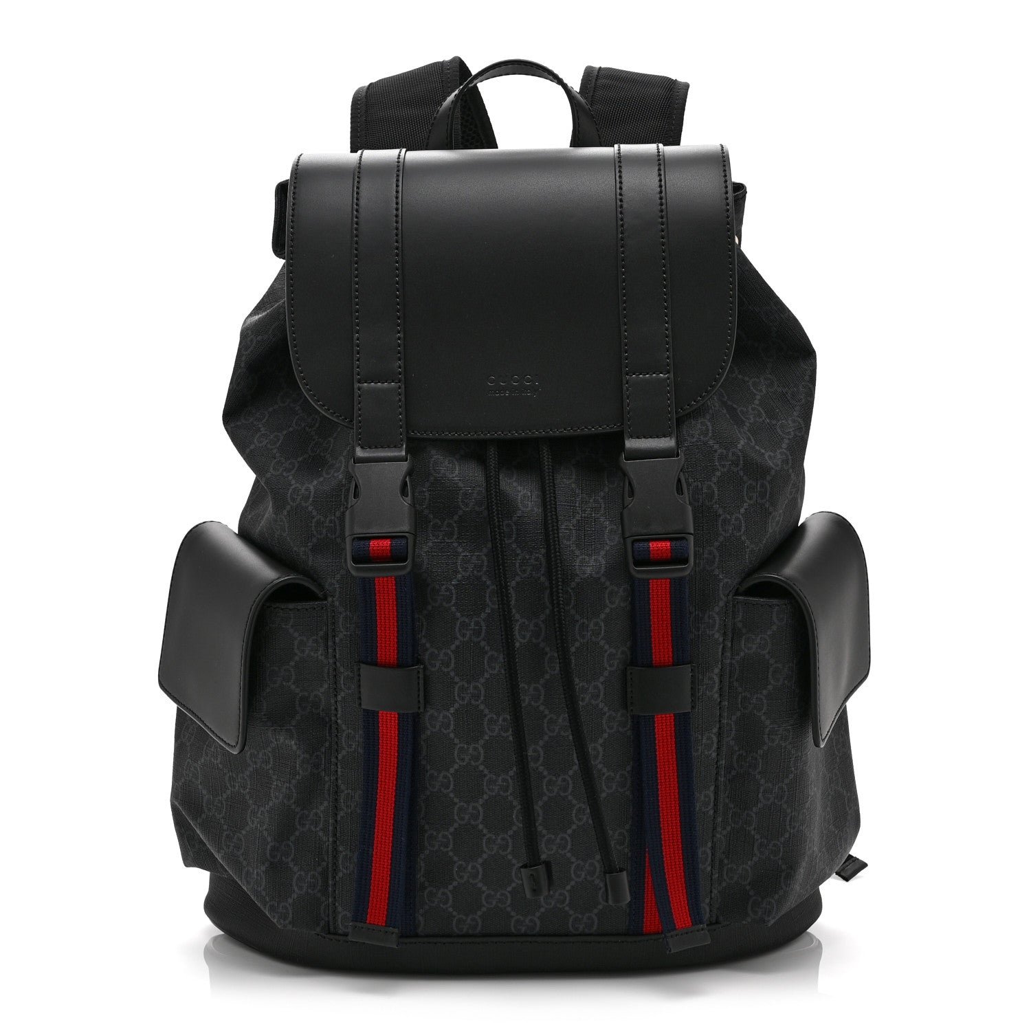 Gucci Soft GG Supreme Monogram Calfskin Web Double Buckle Backpack Black