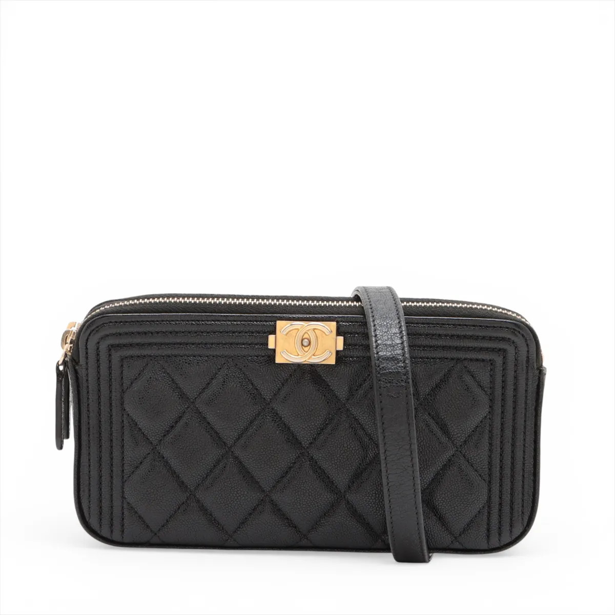 Chanel Boy Chanel Caviar Skin Chain Wallet Black Gold Metal Fittings 27th