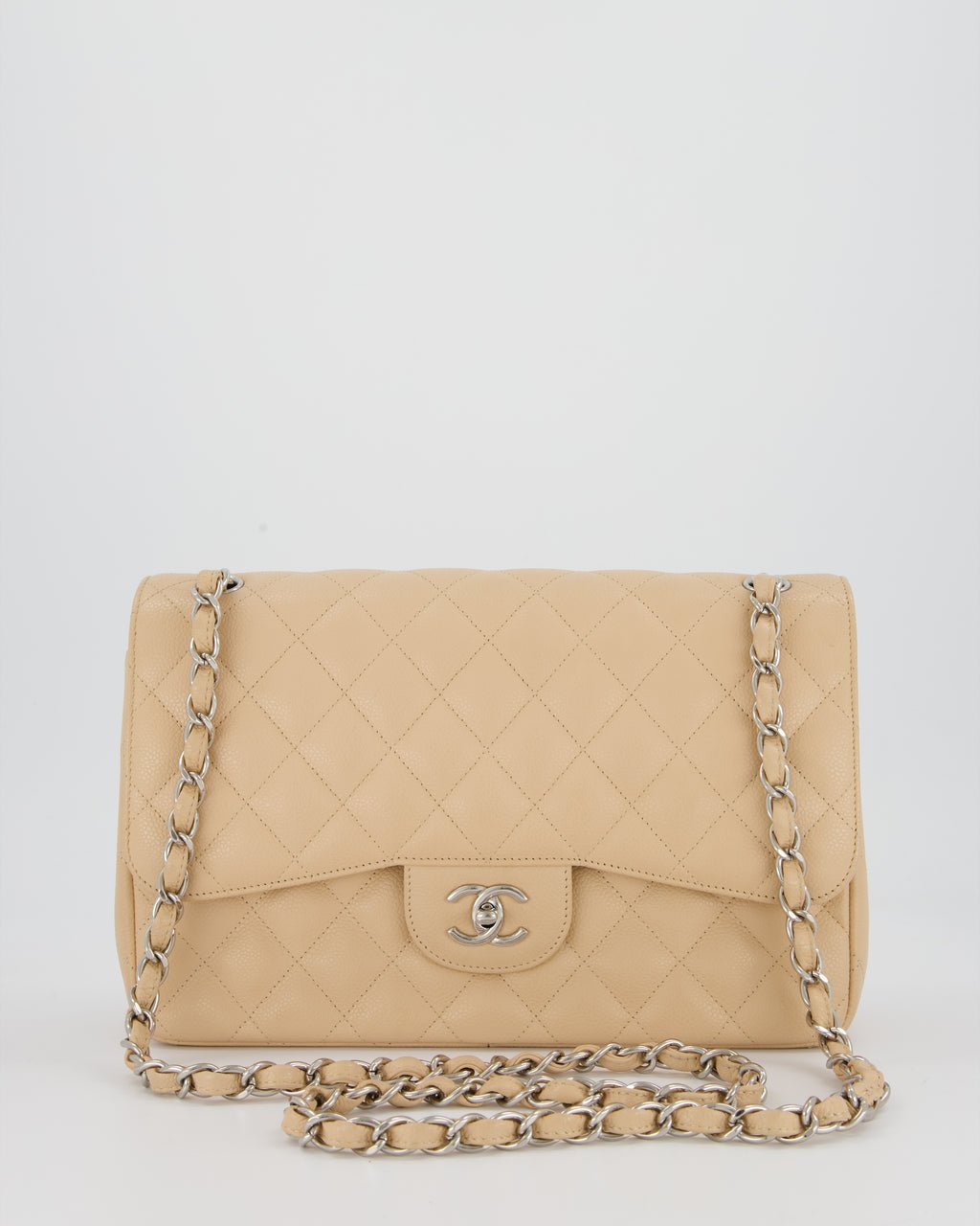 Chanel Beige Jumbo Classic Double Flap Bag in Caviar Leather with Silver Hardware