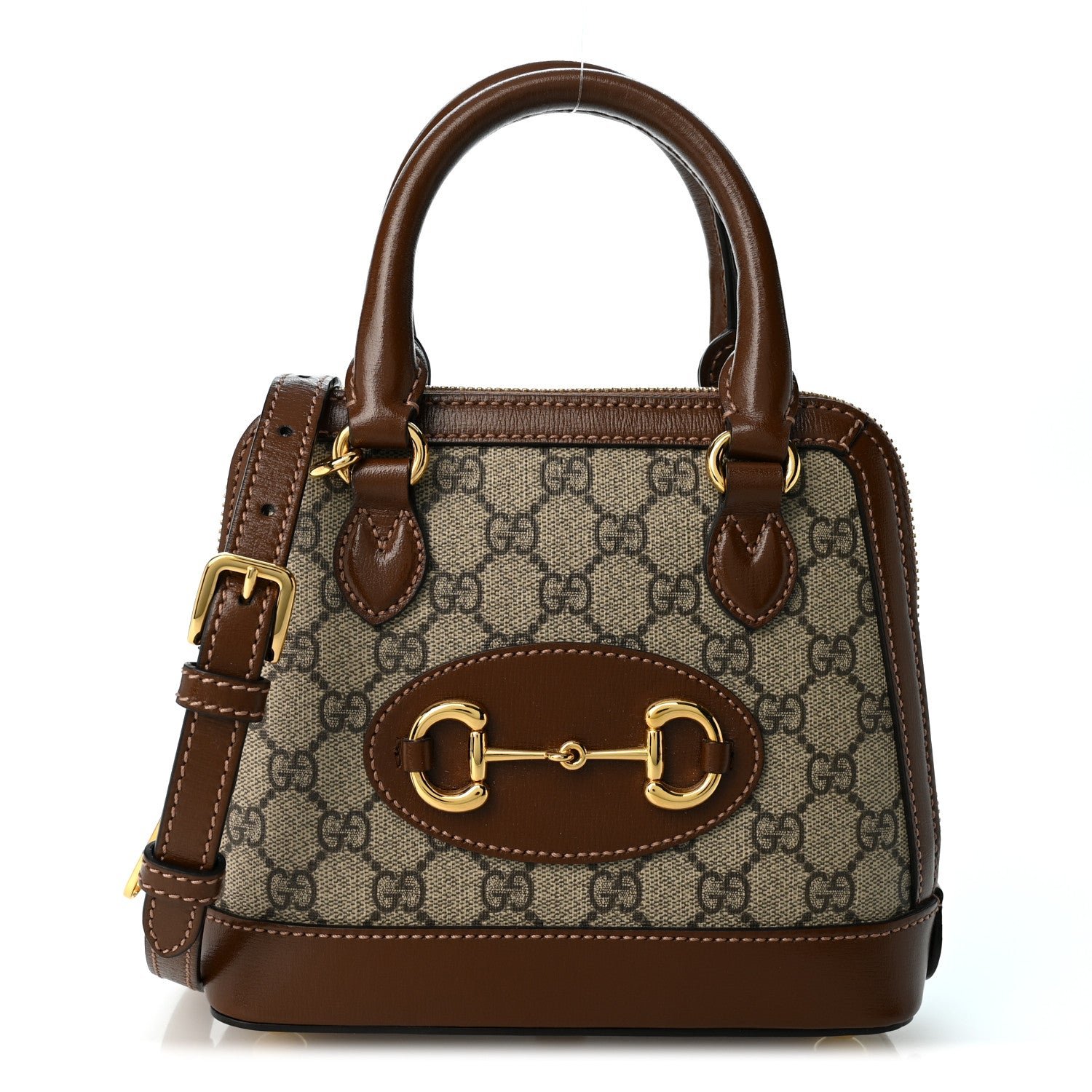 Gucci GG Supreme Monogram Azalea Calfskin Mini Horsebit 1955 Top Handle Bag Beige Ebony Brown Sugar