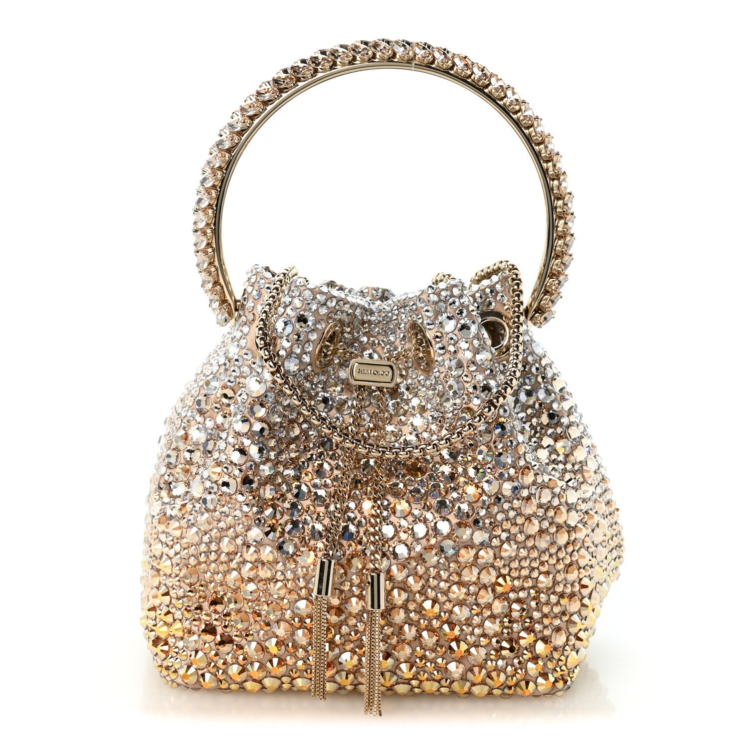 Jimmy Choo Satin Hotfix Crystal Embellished Bon Bon Bucket Bag Gold Silver