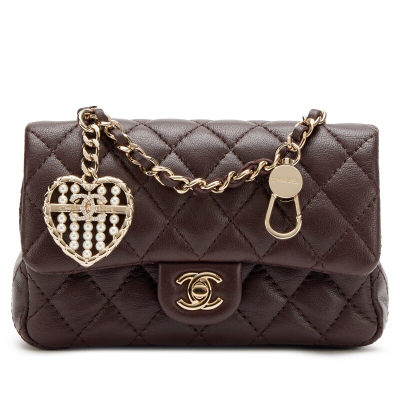 Dark Brown Quilted Lambskin Nano Classic Double Flap Bag Charm Light Gold Hardware, 2025