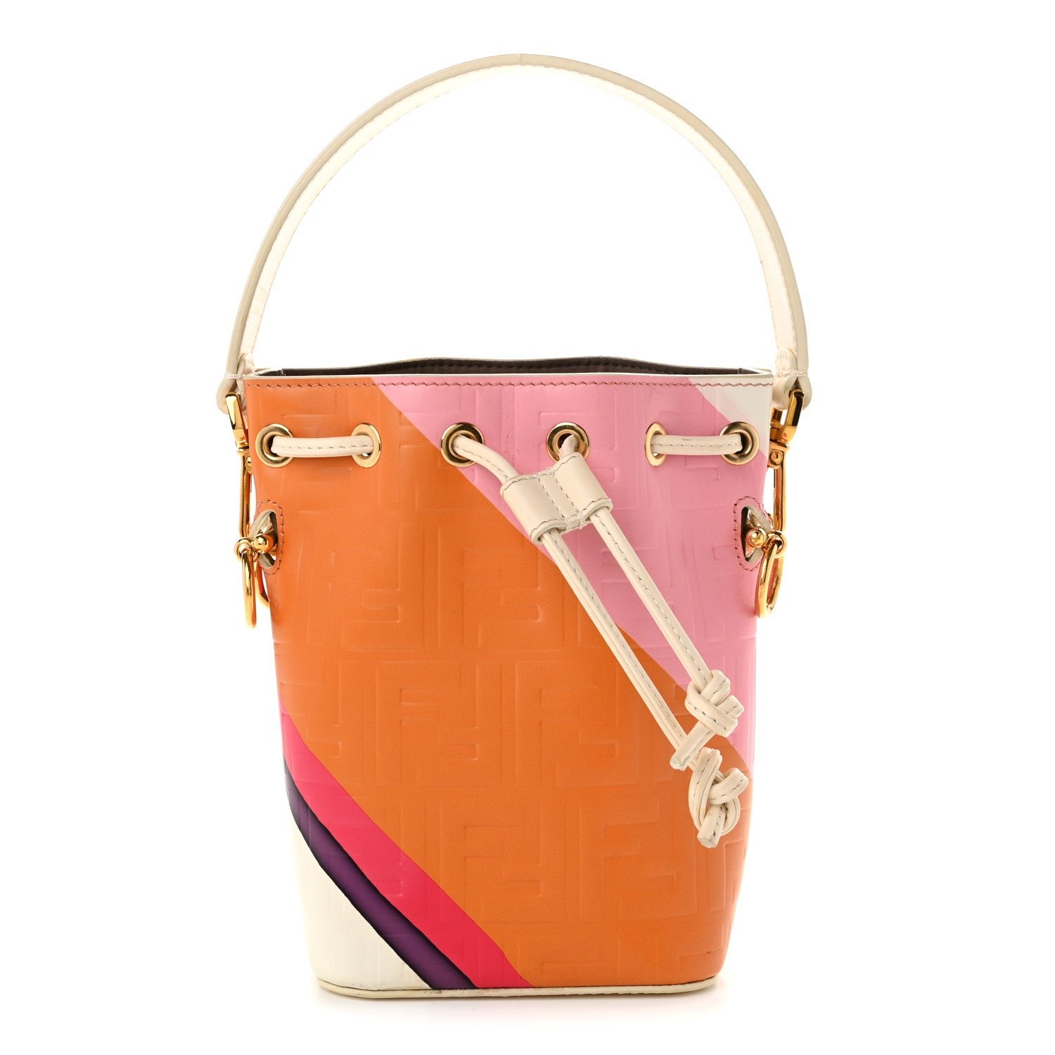 Vitello King F is Fendi FF Embossed Striped Mini Mon Tresor Bucket Bag Light Rose Multicolor White Ice