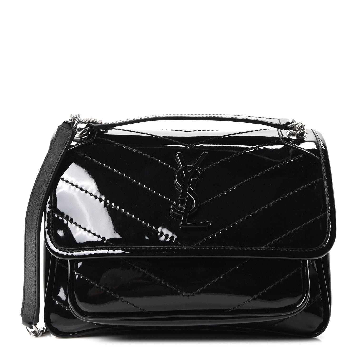 Saint Laurent Patent Calfskin Matelasse Monogram Baby Niki Chain Satchel Black
