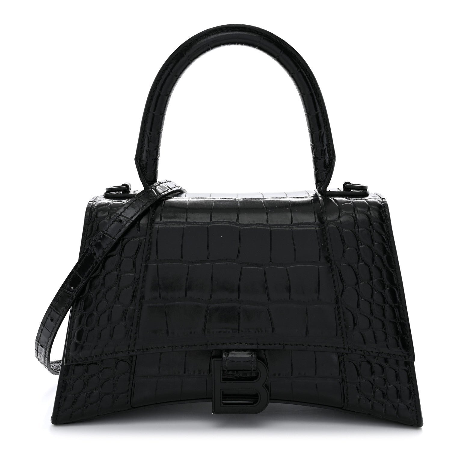 Balenciaga Shiny Calfskin Monochrome Crocodile Embossed Small Hourglass Top Handle Bag Black