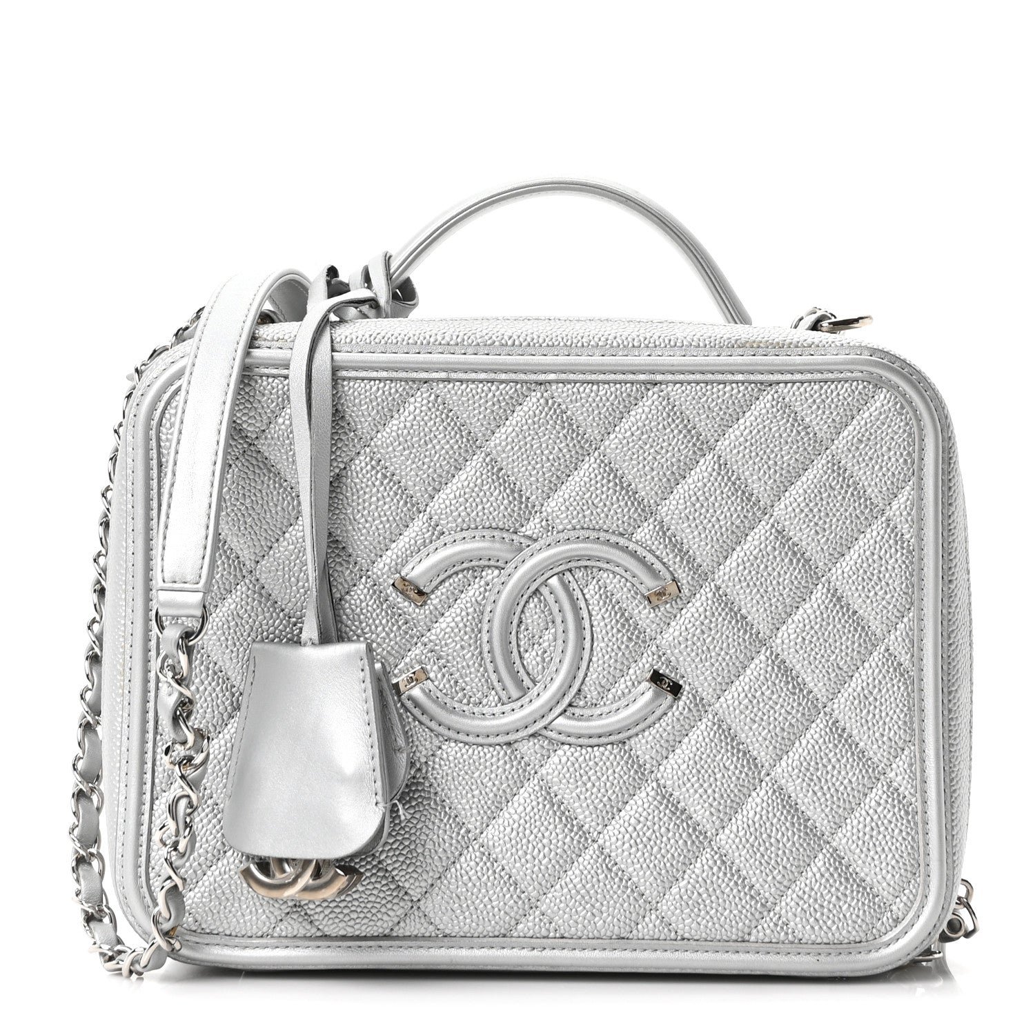 Chanel Metallic Caviar Quilted Large CC Filigree Vanity Case Silver