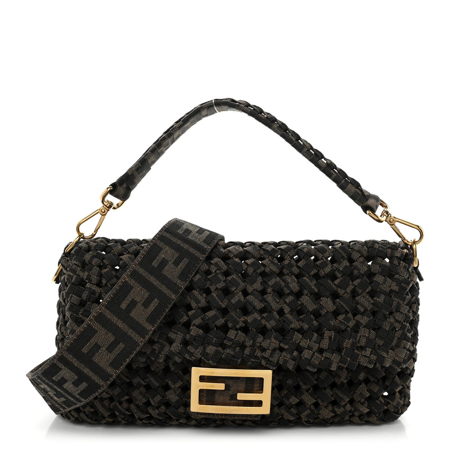 Fendi Fabric Jacquard FF 1974 Woven Knotted Baguette Tobacco Moro