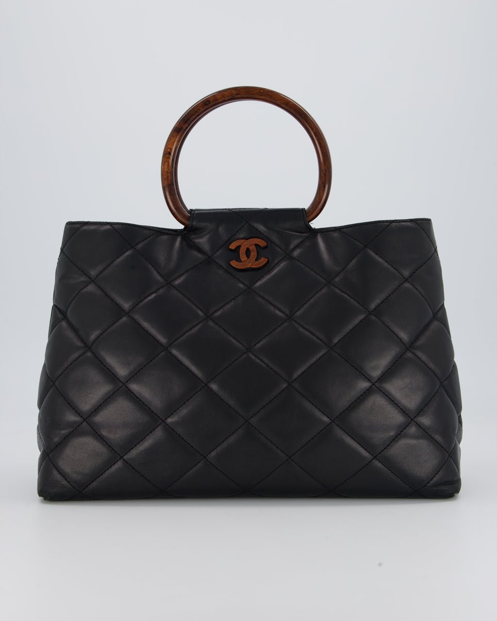 Chanel Vintage Black Quilted Lambskin Leather Tote Bag with Wooden CC and Handle Detail
