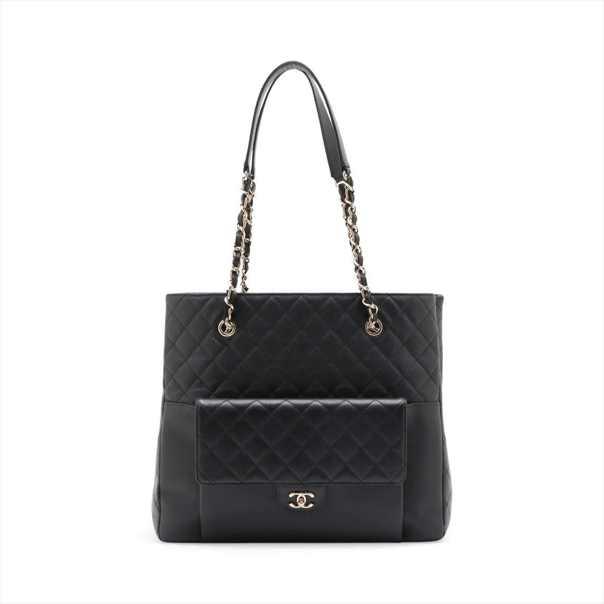Chanel Matelasse Caviar Skin Chain Tote Bag Black Gold Metal Fittings 27th