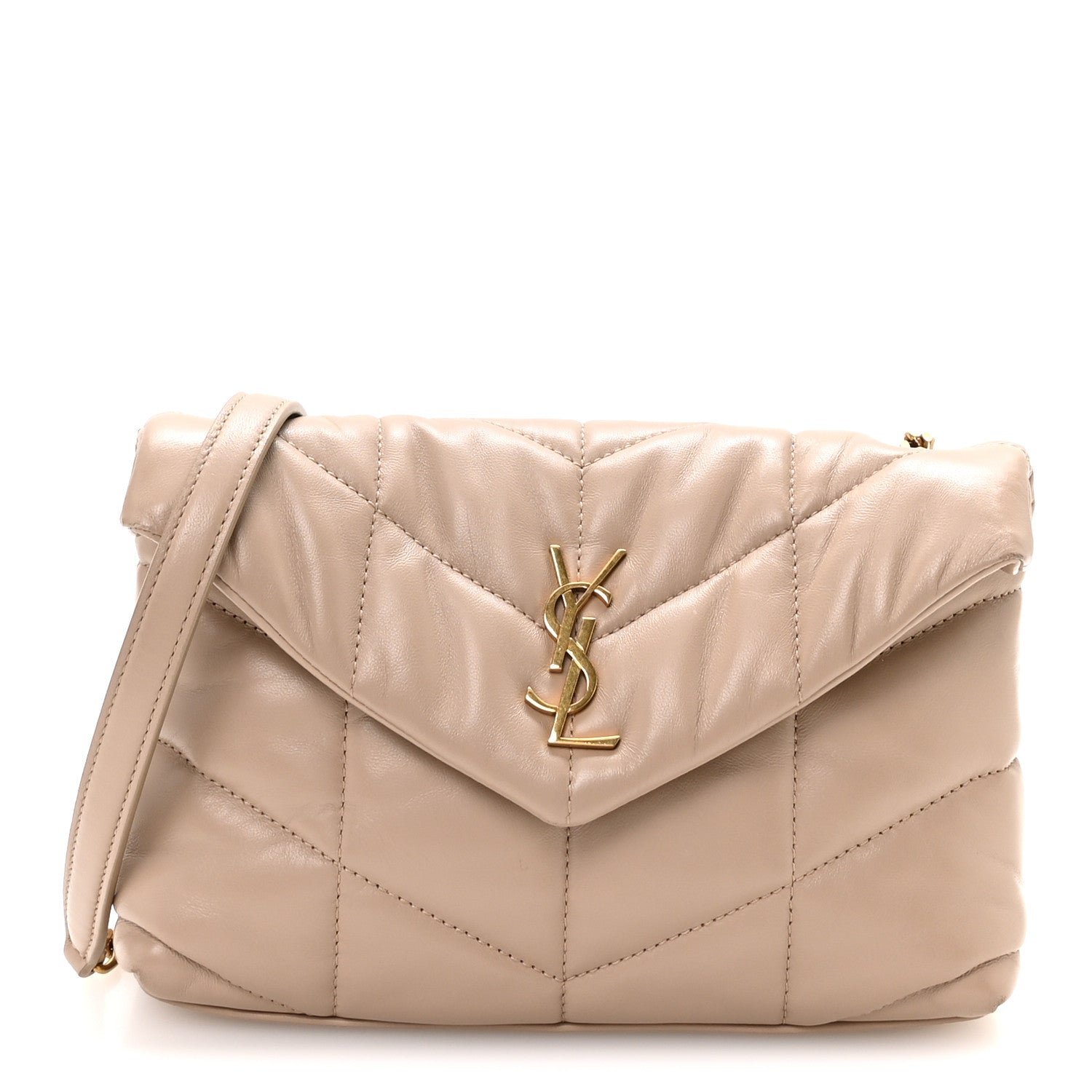 Saint Laurent Lambskin Quilted Toy Loulou Puffer Monogram Chain Satchel Dark Beige