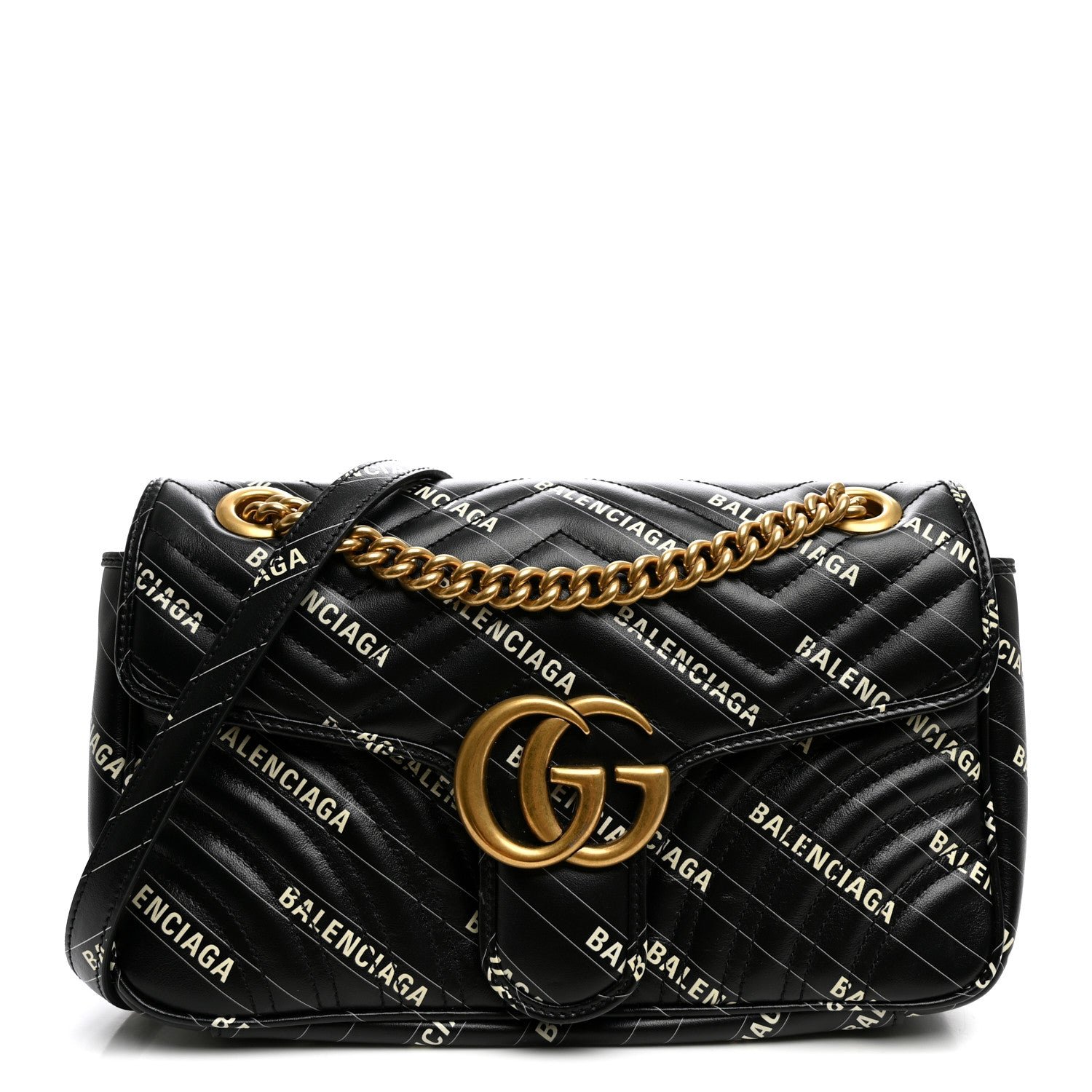 Gucci X BALENCIAGA Calfskin Matelasse Logo Print Small GG Marmont Shoulder Bag Black