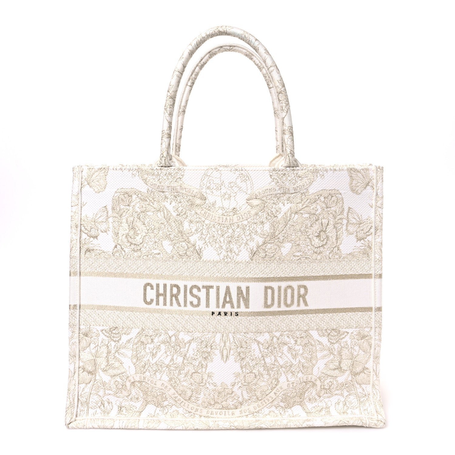 Christian Dior Canvas Embroidered Medium Jardin D'Hiver Book Tote White Gold